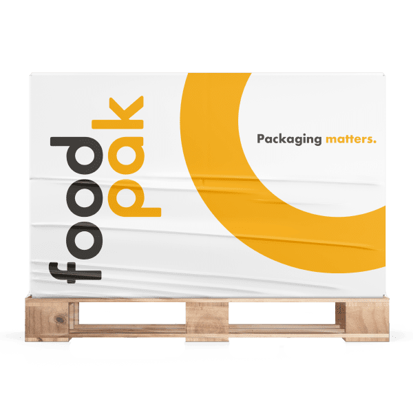 Printed poly bag over a skid with FoodPak Branding