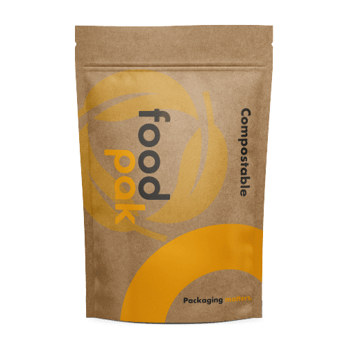 Compostable Kraft custom printed zippered stand up pouch with FoodPak branding