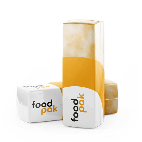 Custom printed shrink bags with FoodPak branding for cheese blocks