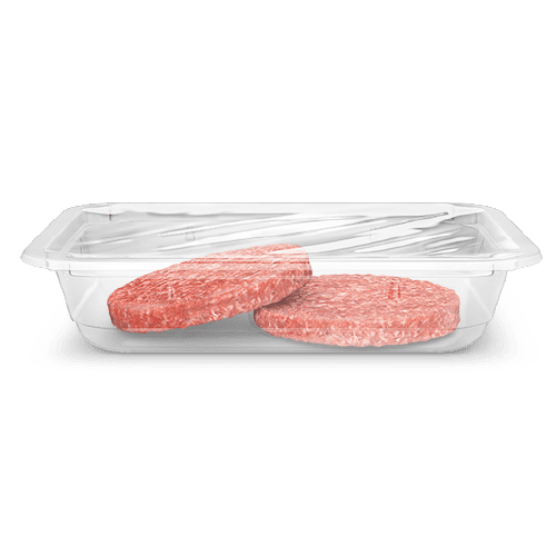 Hamburger patties sealed inside a transparent tray