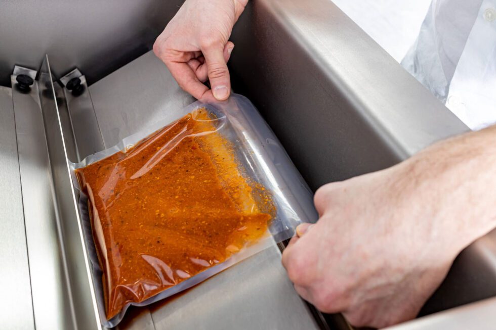 Tilted insert with a bag of sauce in a vacuum sealer