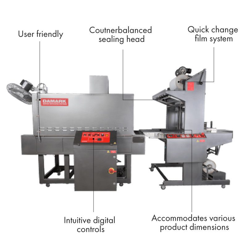 Automatic shrink wrapping features with intuitive digital controls and counterbalanced sealing head