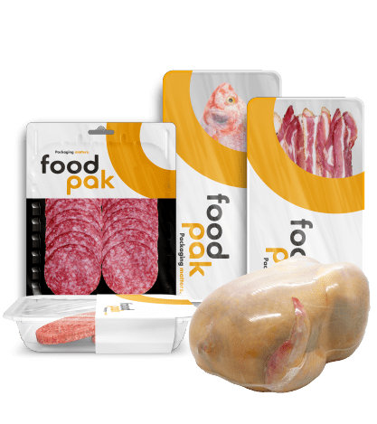 Group shot of custom printed packaging for meat and seafood
