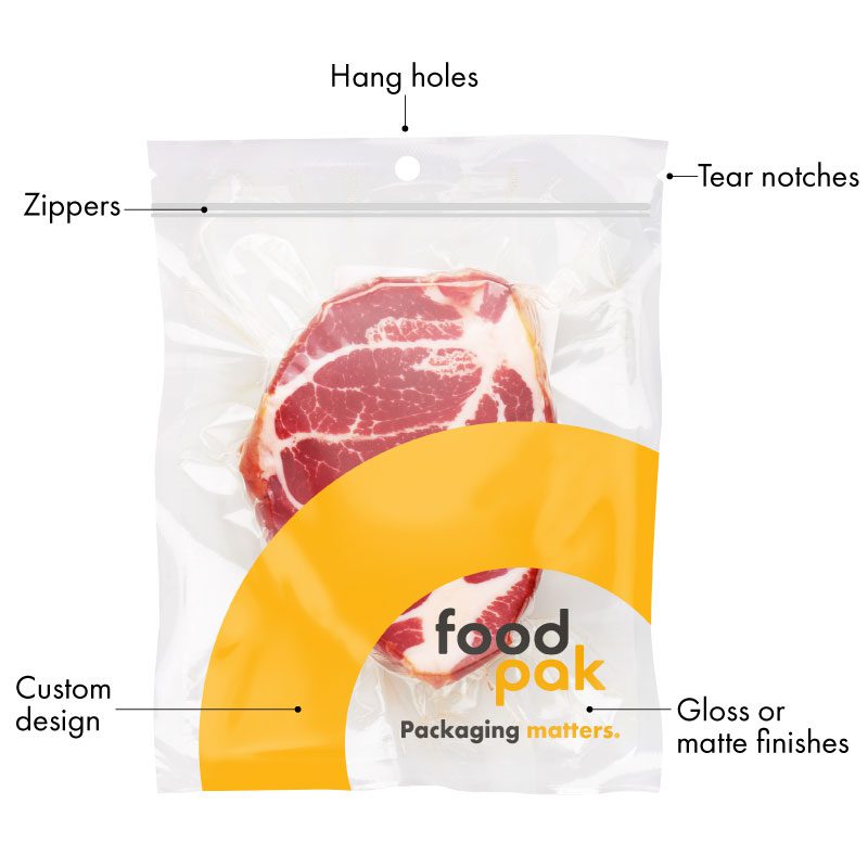 Custom printed vacuum pouch with beef with hang hole and zipper features.