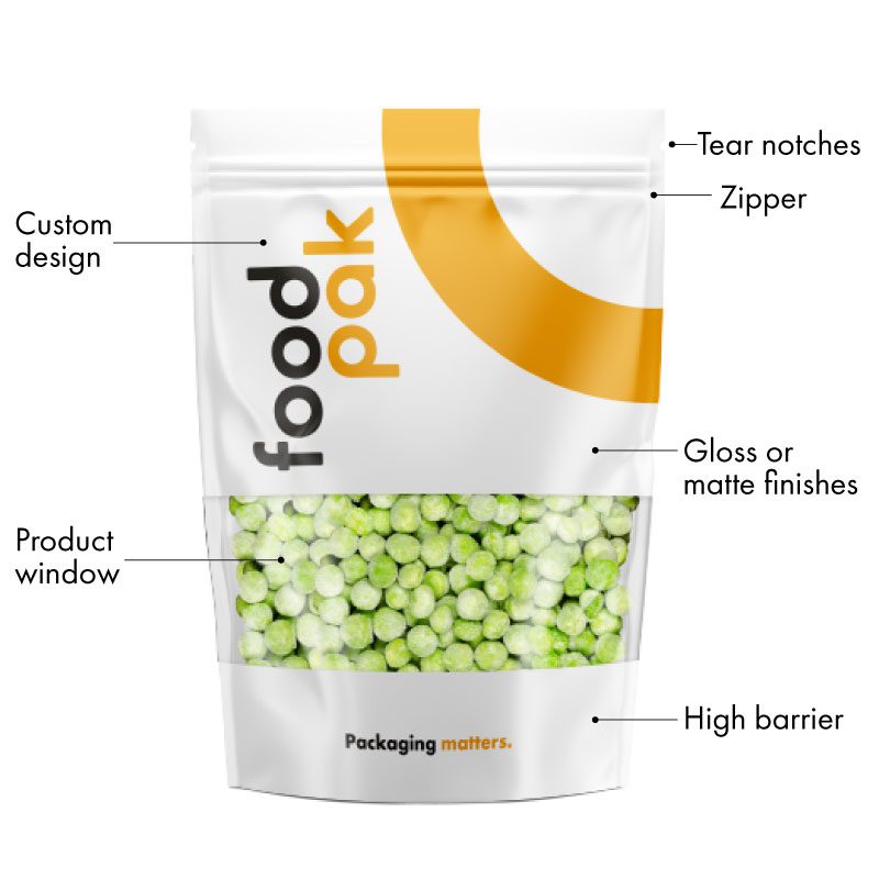Custom printed stand up pouch for frozen peas