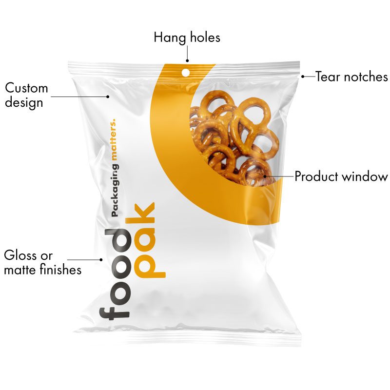 Custom printed lay-flat pouch with pretzels