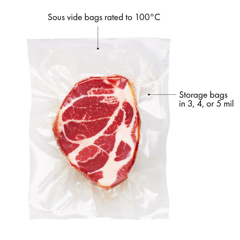 Vacuum storage bags and sous vide bags in 3, 4, and 5 mil with fresh meat