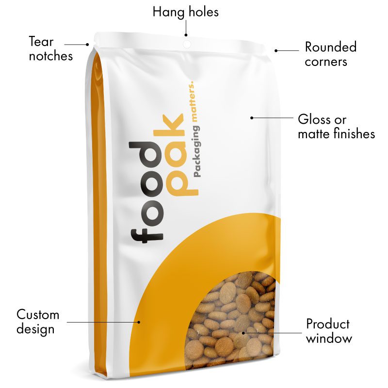 Printed side gusset pouch with dog food