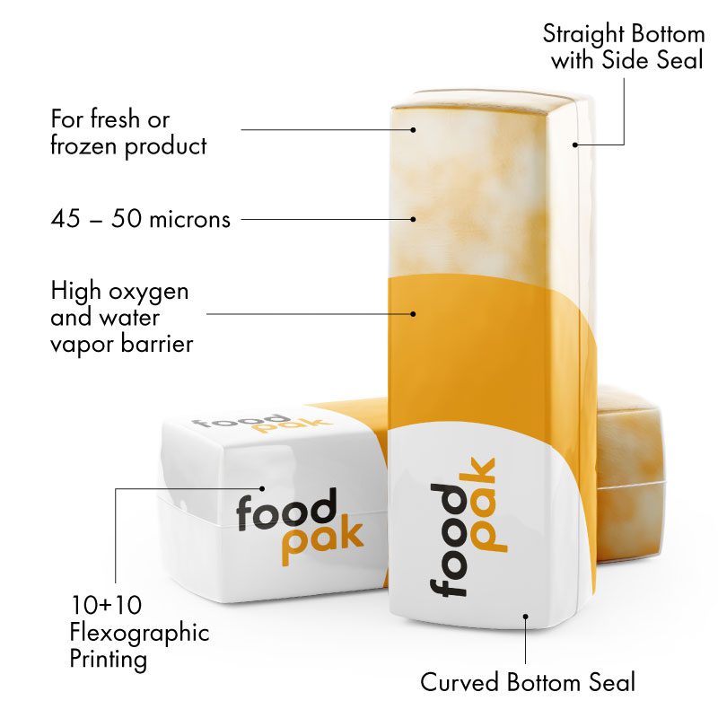 Cheese wrapped in custom printed shrink bags