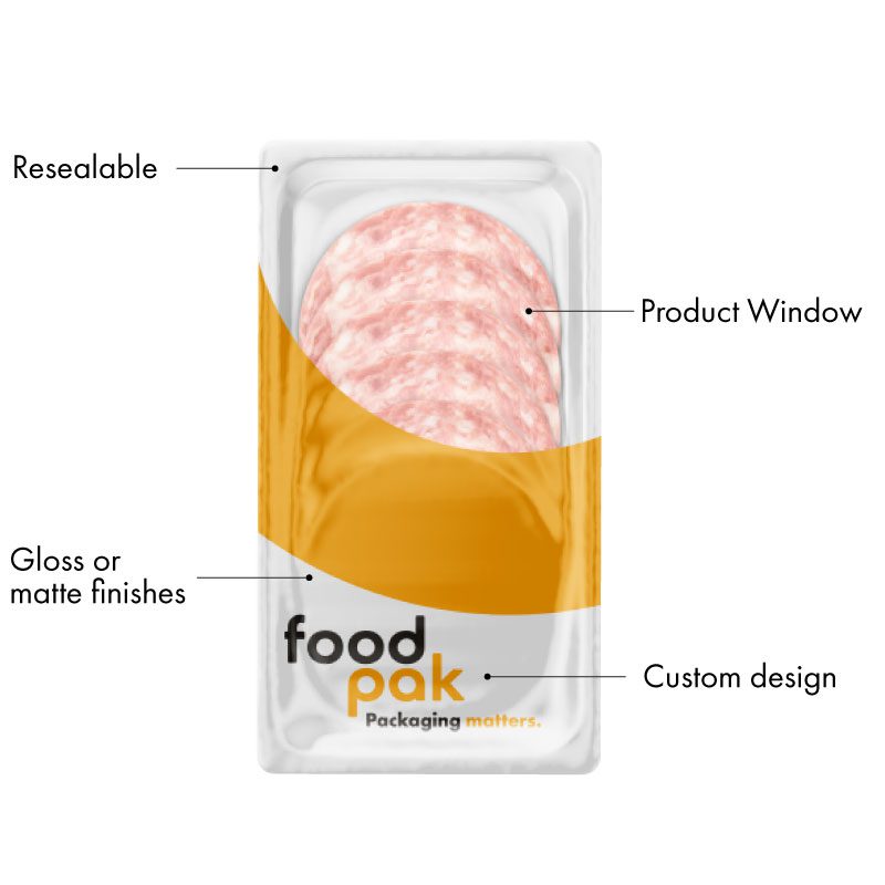 Custom printed thermoforming film on salami packaging