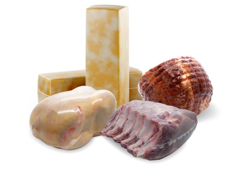 Group shot of meats and cheeses wrapped in shrink bags