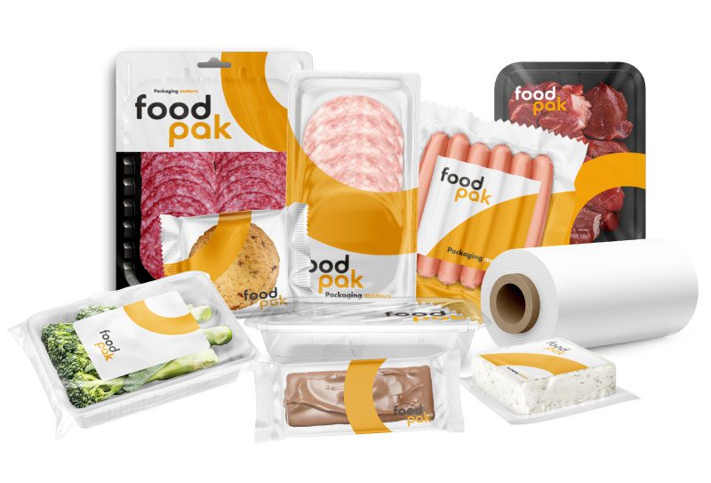 Group shot of food packages with lidding film, skin film, flow wrap film, and thermoforming film