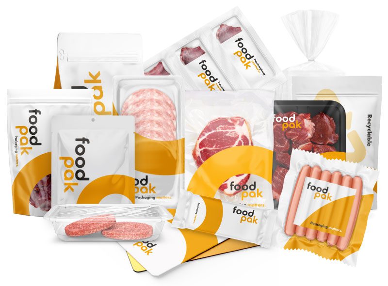 Group shot of custom printed packaging for meat and seafood products
