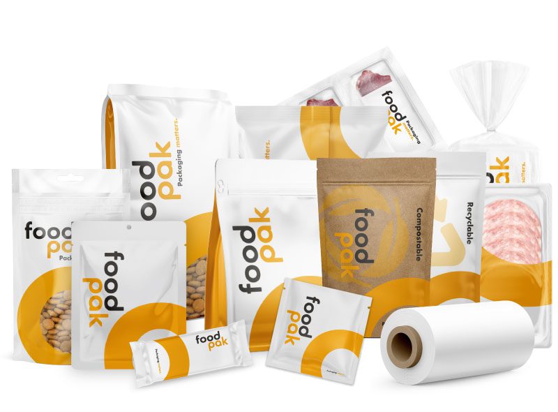 Group shot of custom printed packaging for pet food products