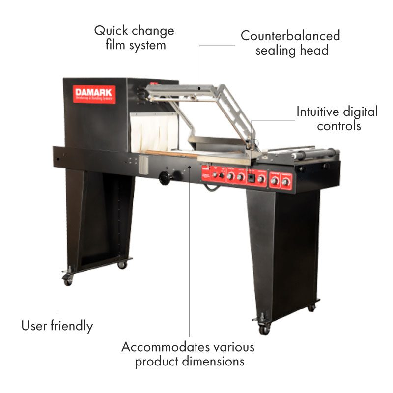 L-bar sealer for shrink wrapping with features listed of user friendly and counterbalanced sealing head