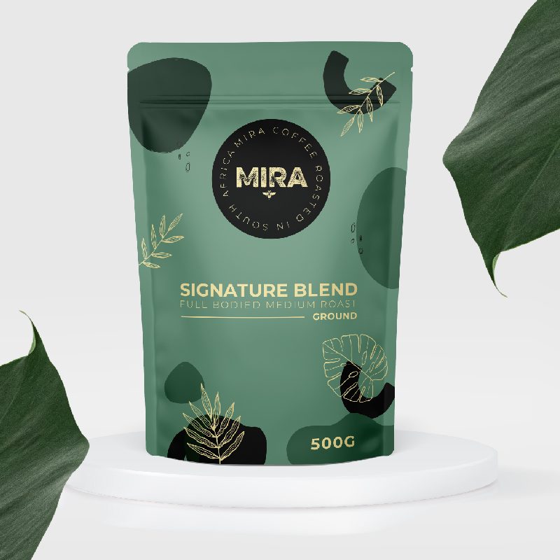 Mira coffee stand up pouch design with green leafy theme