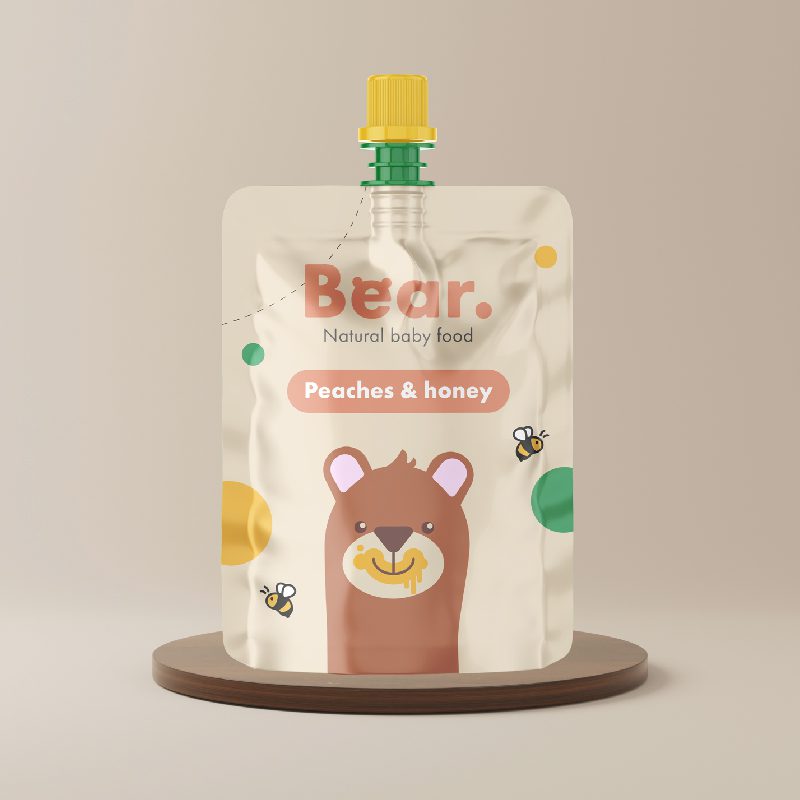 Spout pouch for baby food with bear logo
