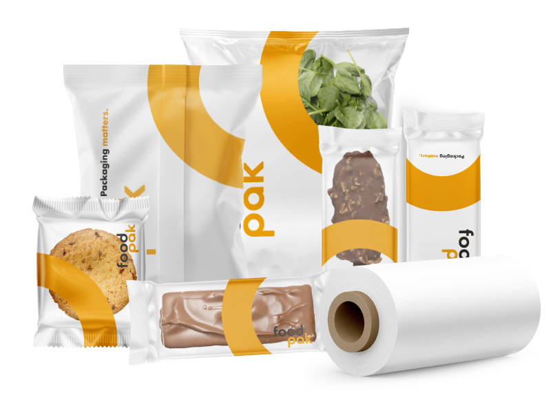 Group shot of flow wrapped packaging for confectionery and produce with rollstock