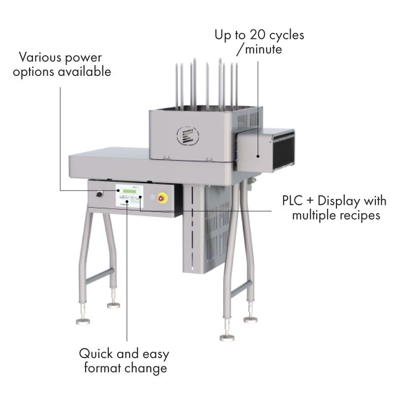 Tray denester with features including up to 20 cycles per minute and quick format change.